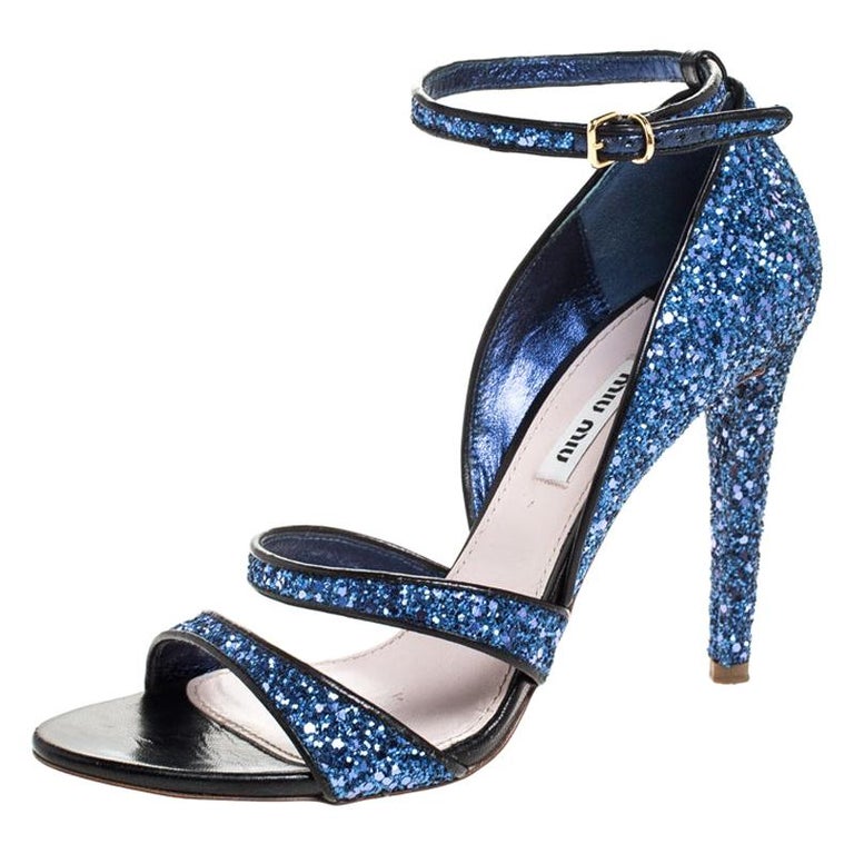 Miu Miu Metallic Blue Coarse Glitter Ankle Strap Sandals Size 38.5 at ...