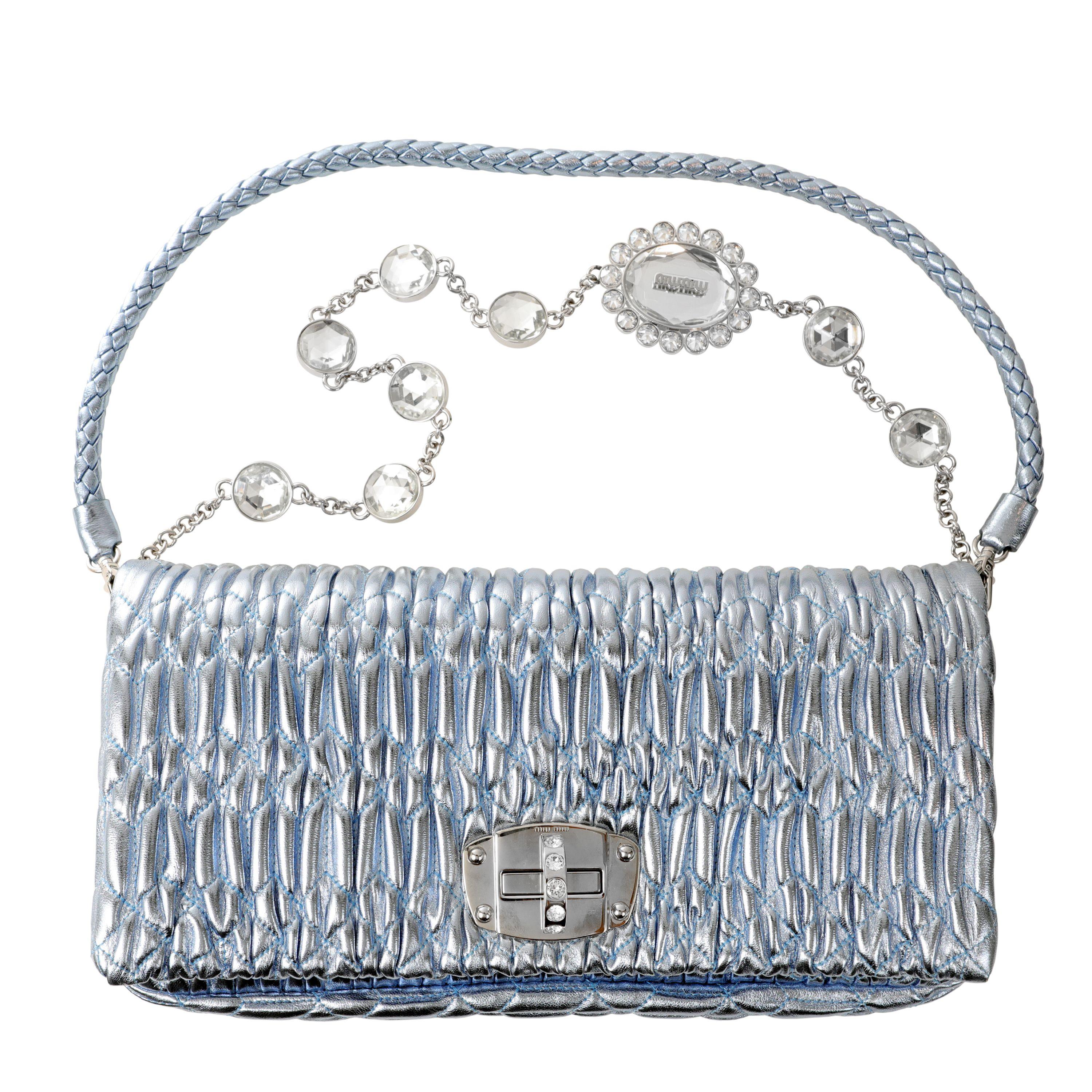 Gray Miu Miu Metallic Blue Crystal Iconic Cloquè Small Bag with Silver Hardware For Sale