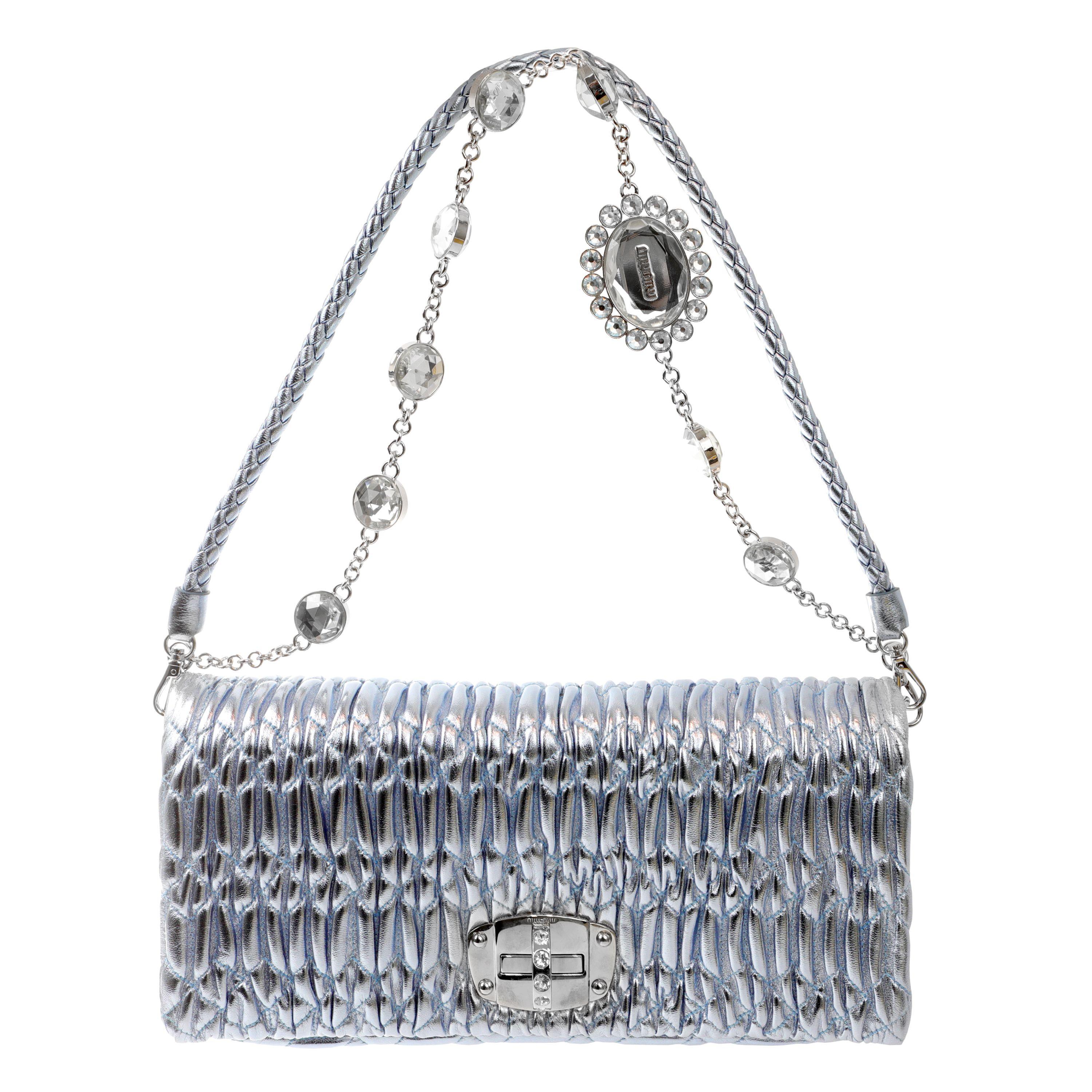 Miu Miu Metallic Blue Crystal Iconic Cloquè Small Bag with Silver Hardware In Excellent Condition For Sale In Palm Beach, FL