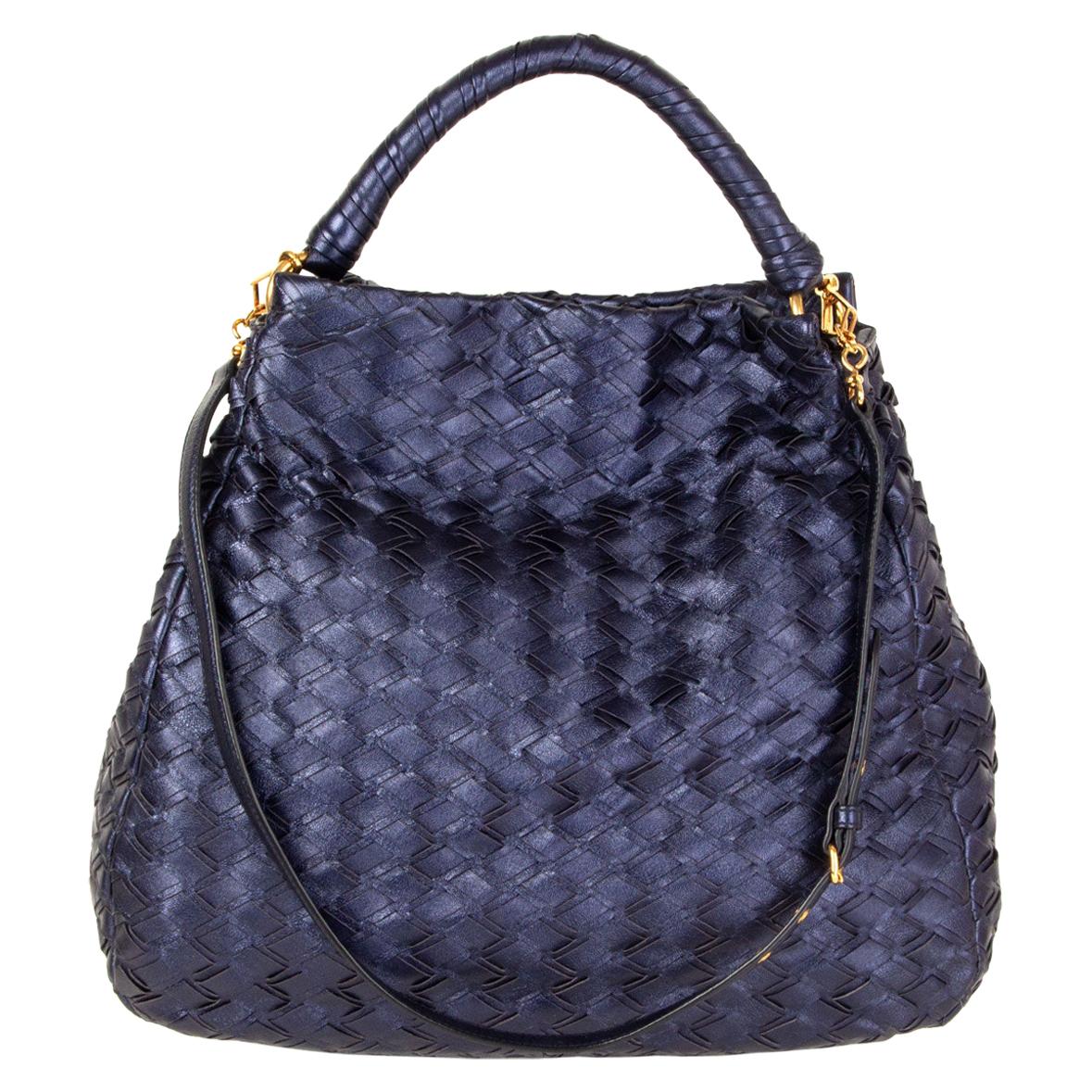 MIU MIU metallic blue leather WOVEN HOBO Shoulder Bag