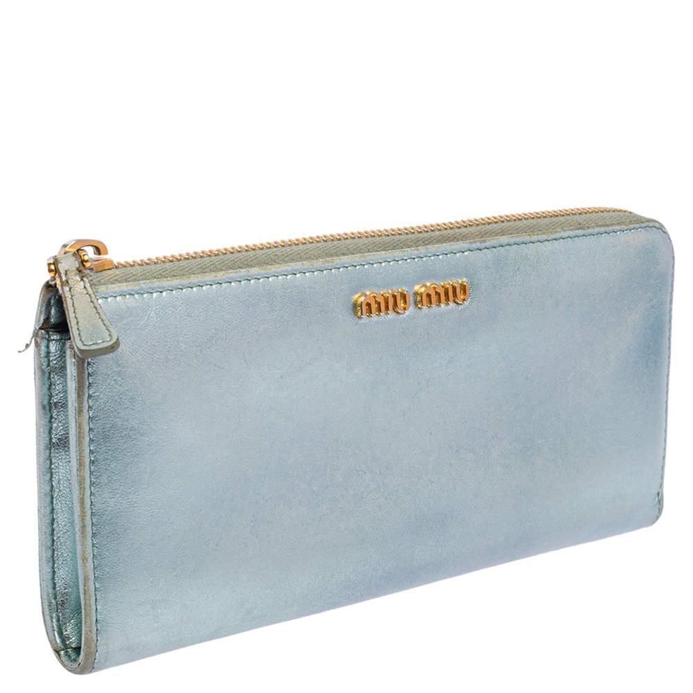 Miu Miu Metallic Blue Leather Zip Around Wallet In Fair Condition In Dubai, Al Qouz 2