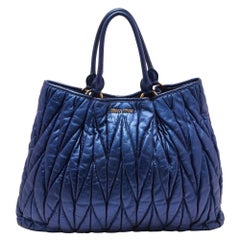 Used Miu Miu Metallic Blue Matelassé Leather Tote