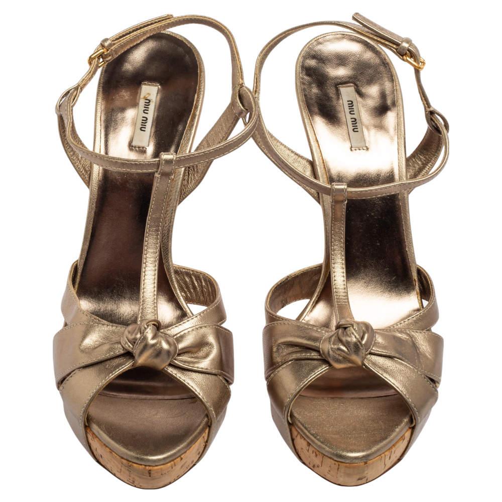 Brown Miu Miu Metallic Bronze Leather Bow Ankle Strap Platform Sandals Size 38.5