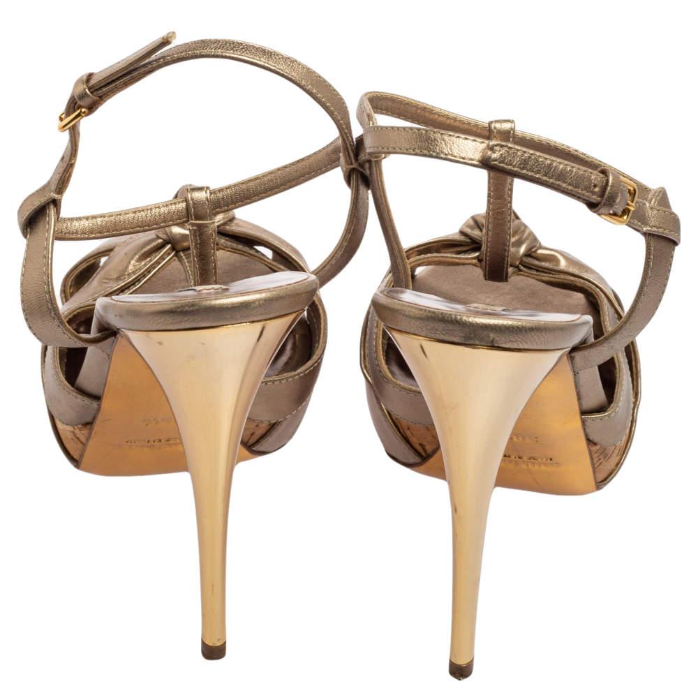 Women's Miu Miu Metallic Bronze Leather Bow Ankle Strap Platform Sandals Size 38.5
