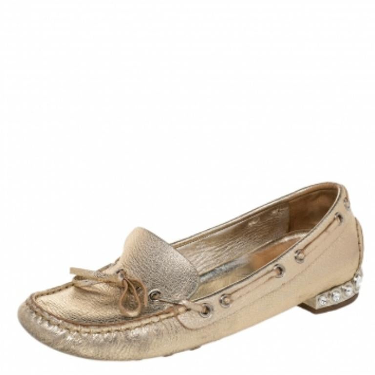 Miu - Mocassins ornés de cristaux dorés, taille 36,5 en vente 2