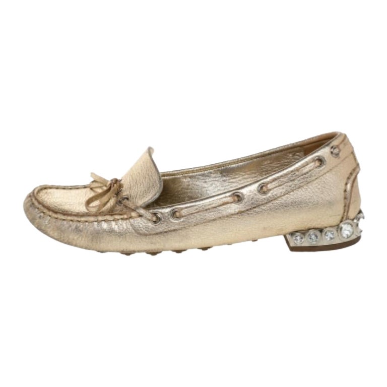 Miu Miu Metallic Gold Crystal Embellished Slip on Loafers Size 36.5