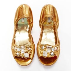 MIU MIU metallic gold crystal jewel open toe ballerina flats EU37