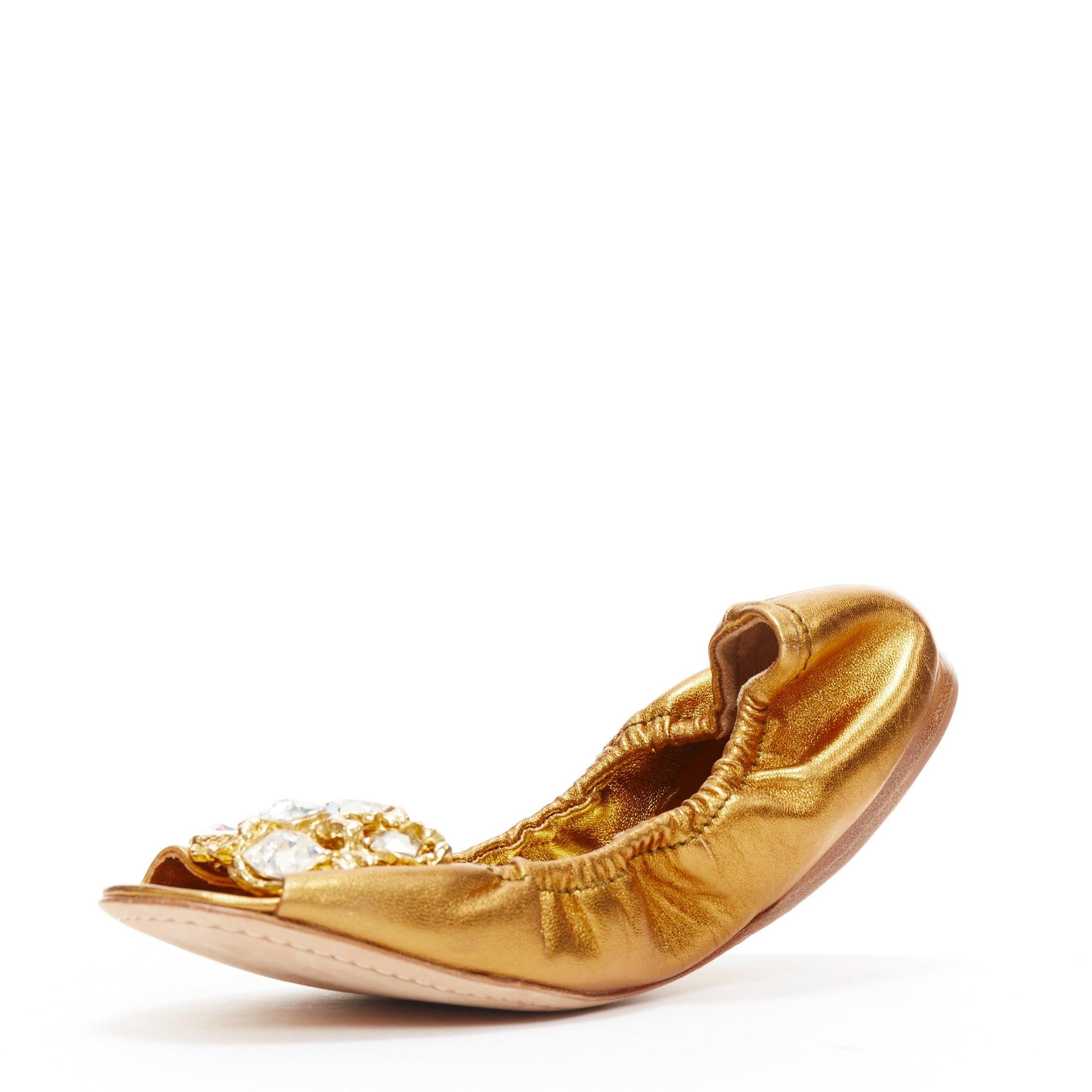 MIU Metallic Gold Kristall Juwel offene Zehen-Ballerina-Flats EU37 im Zustand „Gut“ im Angebot in Hong Kong, NT
