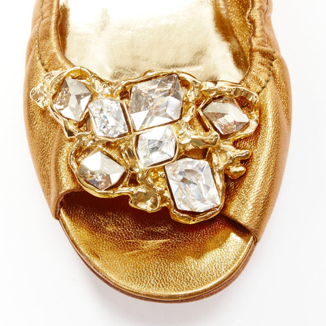 MIU Metallic Gold Kristall Juwel offene Zehen-Ballerina-Flats EU37 im Angebot 1