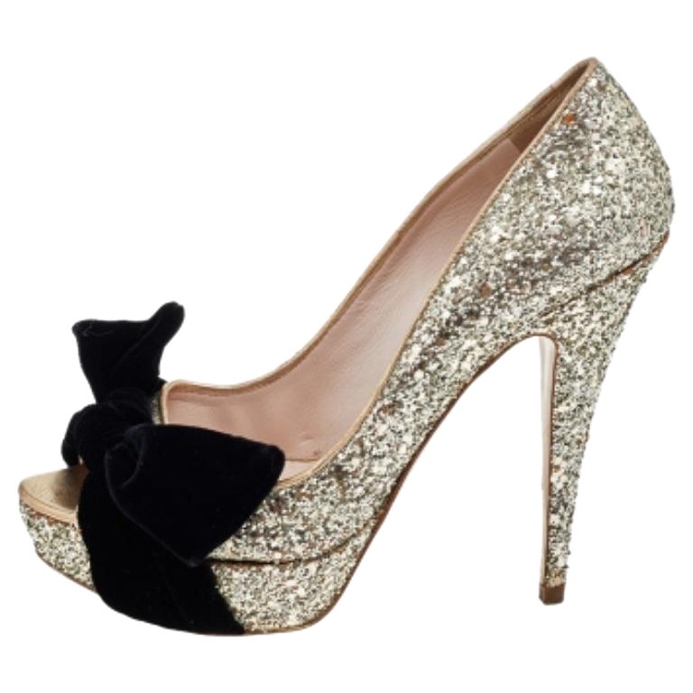 Miu Miu Metallic Gold Glitter Leather And Velvet Bow Peep Toe Pumps Size 38