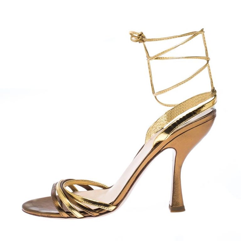 Miu Miu Metallic Gold Leather Ankle Wrap Sandals Size 38 For Sale at ...