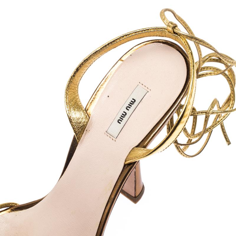 Miu Miu Metallic Gold Leather Ankle Wrap Sandals Size 38 In Good Condition For Sale In Dubai, Al Qouz 2