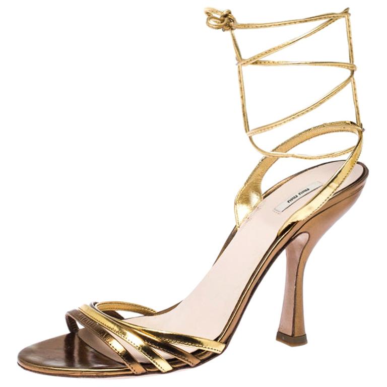 Miu Miu Metallic Gold Leather Ankle Wrap Sandals Size 38 For Sale at 1stDibs