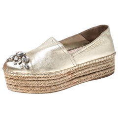 Miu Miu Metallic Gold Leather Crystal Embellished Platform Espadrille Size 38