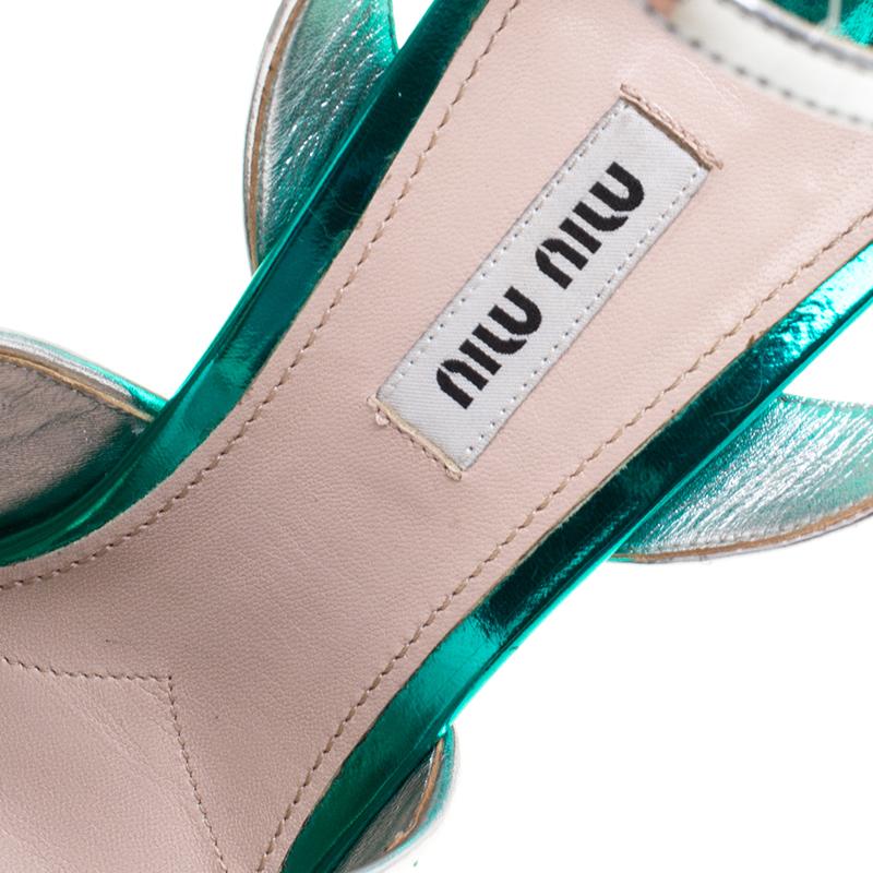 Miu Miu Metallic Green Leather Peep Toe Ankle Strap Sandals Size 40 2