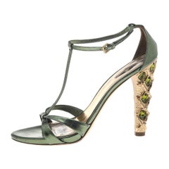Miu Miu Metallic Green Leather T Strap Sandals Size 40.5