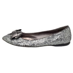 Miu Miu Metallic Grey Glitter Bow Ballet Flats Size 37