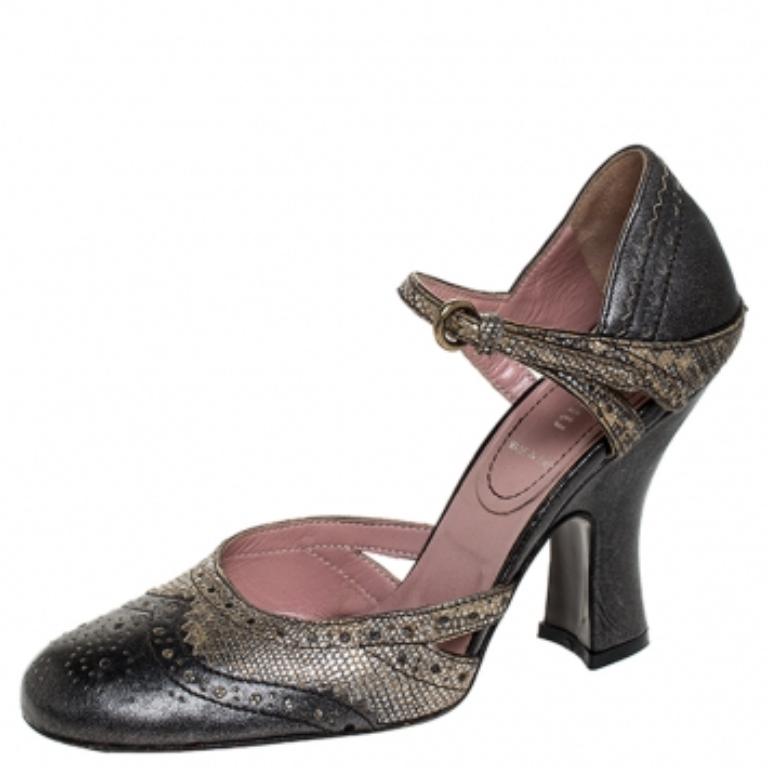 Miu Miu Metallic Grau/Silber Brogue Leder D'Orsay Riemchen Pumps Größe 36.5 im Zustand „Gut“ im Angebot in Dubai, Al Qouz 2