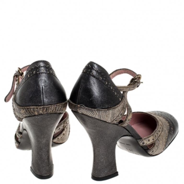 Miu Miu Metallic Grau/Silber Brogue Leder D'Orsay Riemchen Pumps Größe 36.5 Damen im Angebot