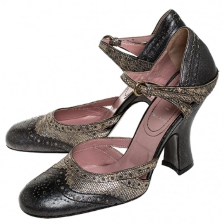 Miu Miu Metallic Grau/Silber Brogue Leder D'Orsay Riemchen Pumps Größe 36.5 im Angebot 2