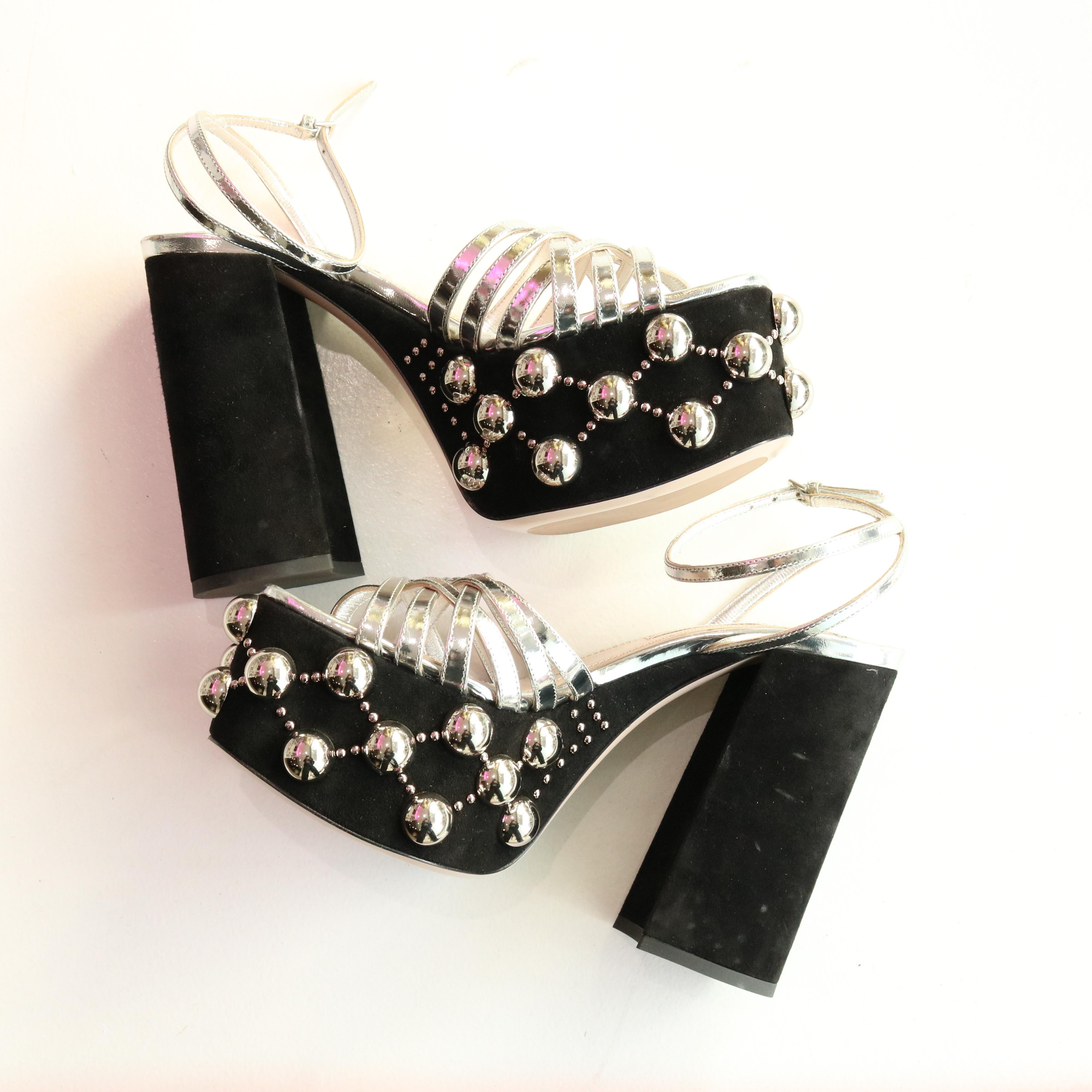 Miu Miu Metallic leather and studded suede platform sandals In Excellent Condition In Thousand Oaks, CA