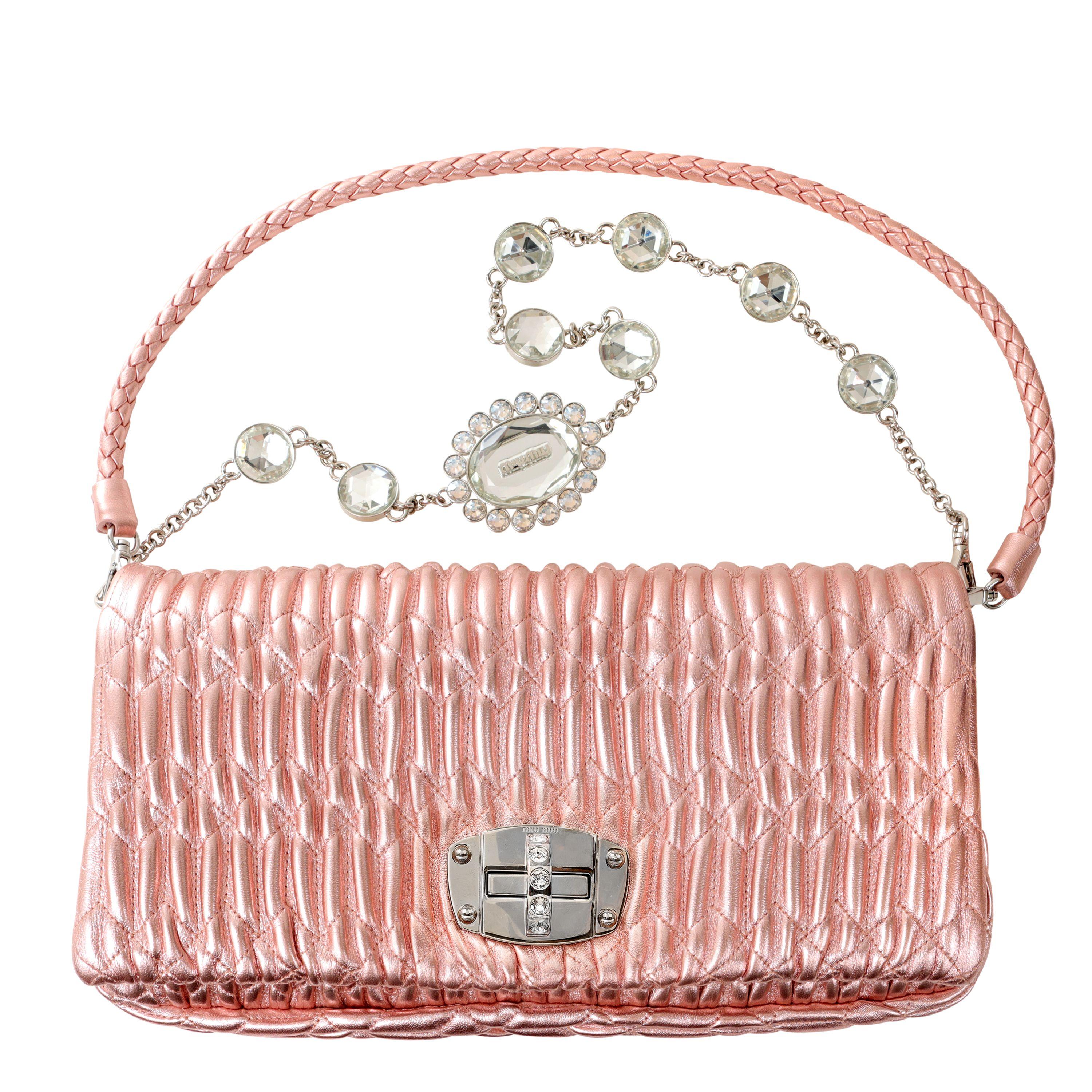 Beige Miu Miu Metallic Pink Crystal Iconic Cloquè Small Bag with Silver Hardware For Sale