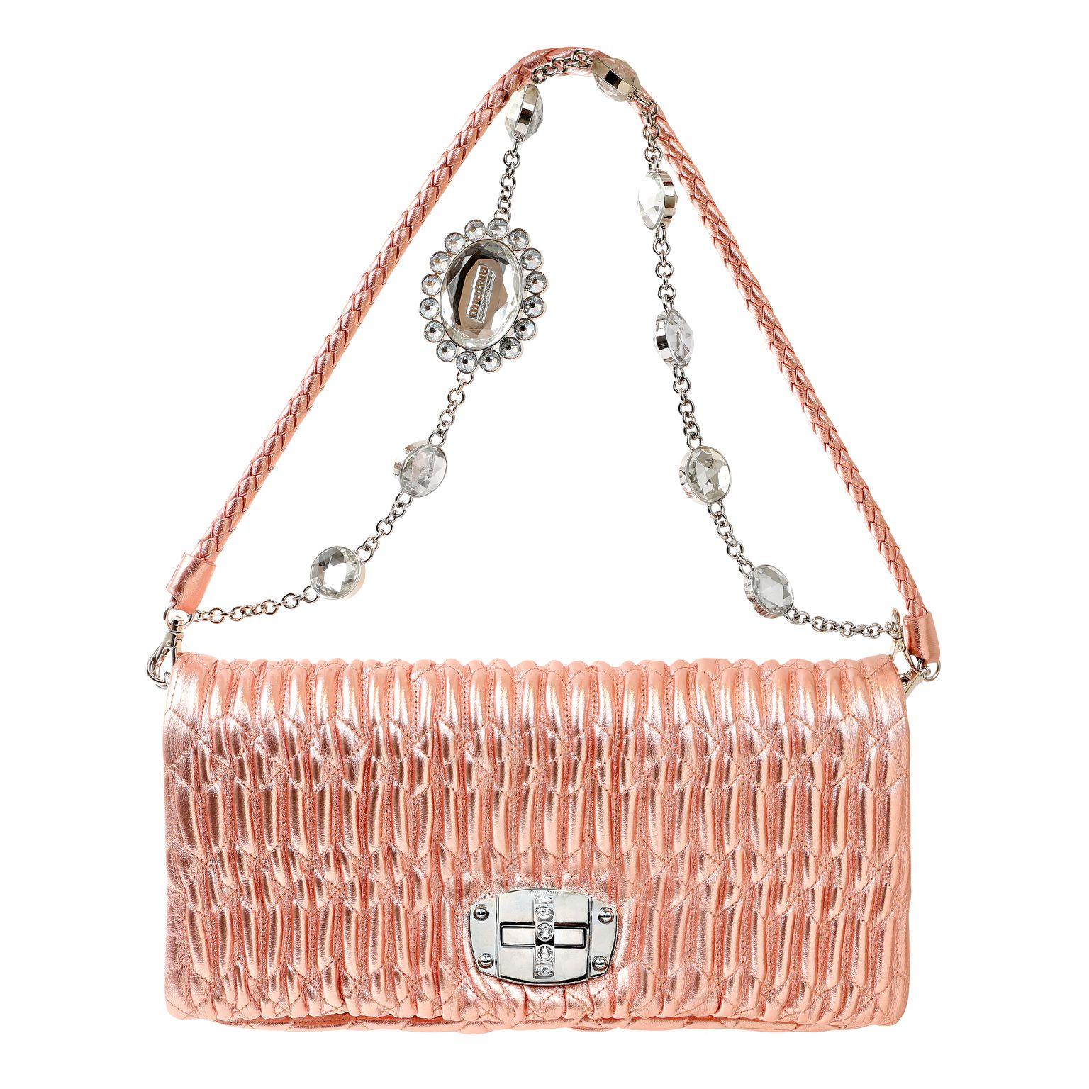 Miu Miu Metallic Pink Crystal Iconic Cloquè Small Bag with Silver Hardware In Excellent Condition For Sale In Palm Beach, FL