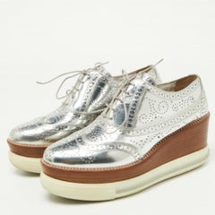 Miu Miu Metallic Silver Brogue Leather Platform Lace Up Oxfords Size 40