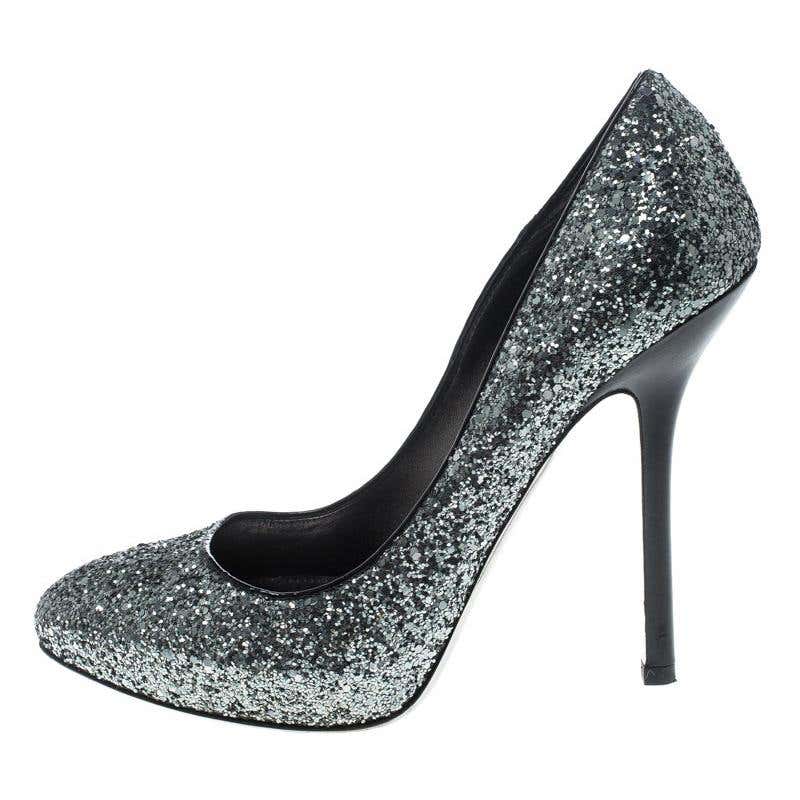 Miu Miu Metallic Blue High Heel evening shoes with large crystal at 1stDibs