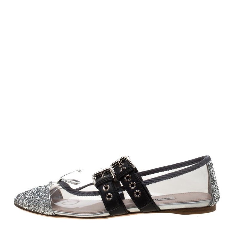 Miu Miu Metallic Silver Glitter And PVC Bow Strappy Ballet Flat Sandals ...
