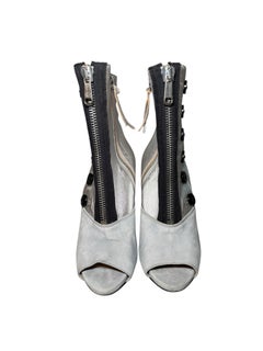Miu Miu Metallic Silver & Grey Suede Peep-Toe Button Booties, Resort 2010 EU 38