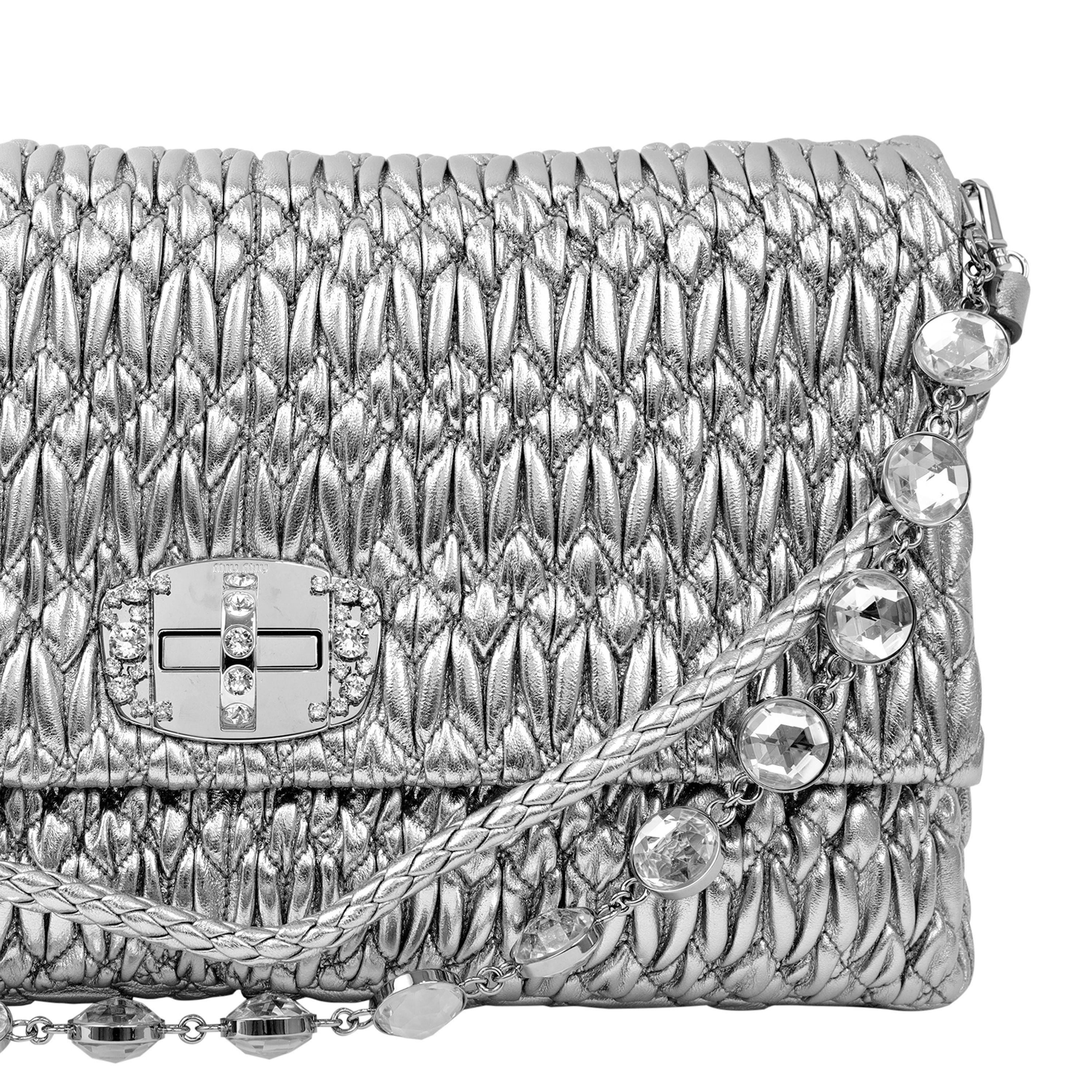  Miu Miu Metallic Silver Iconic Crystal Cloquè Large Bag In Excellent Condition For Sale In Palm Beach, FL