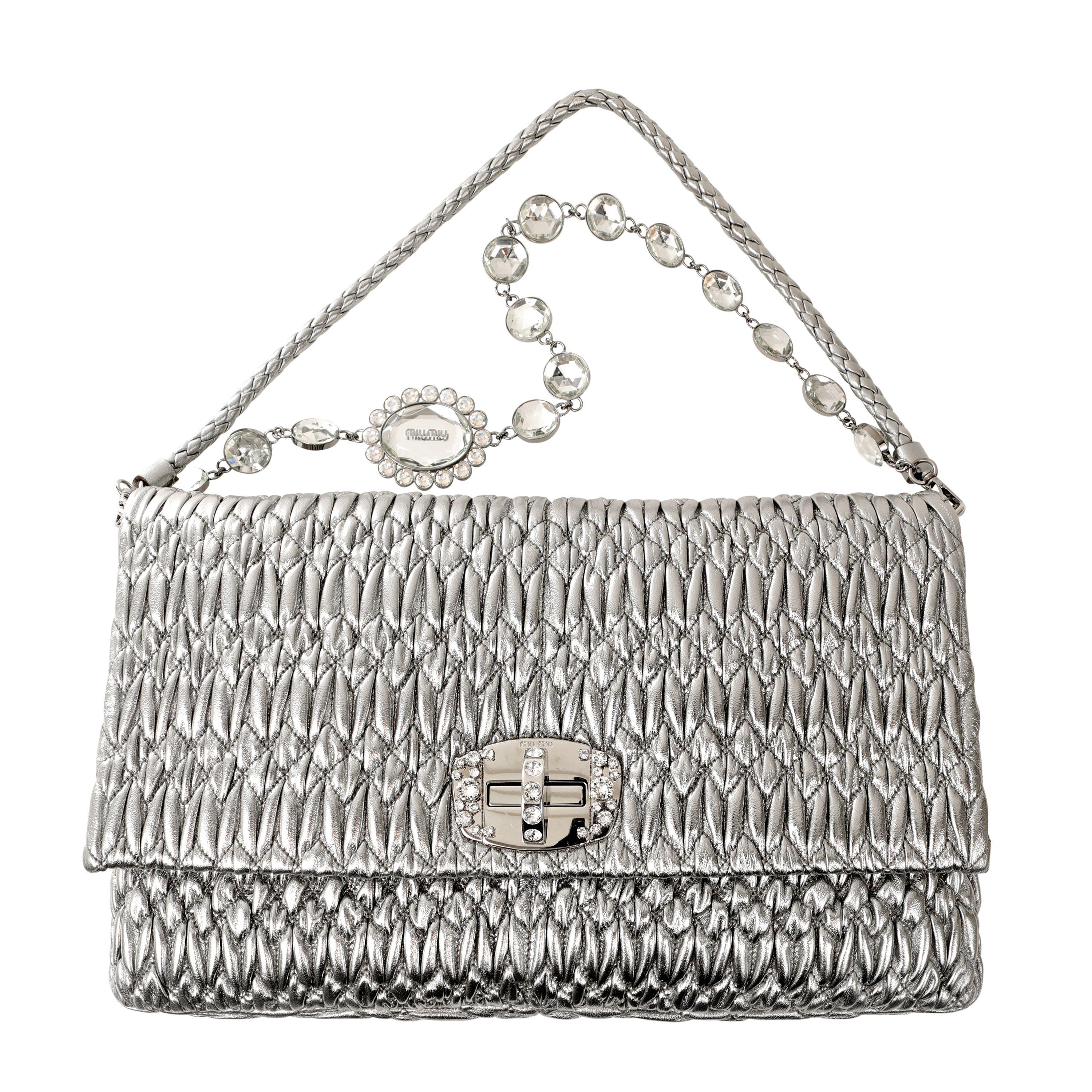Women's  Miu Miu Metallic Silver Iconic Crystal Cloquè Large Bag For Sale