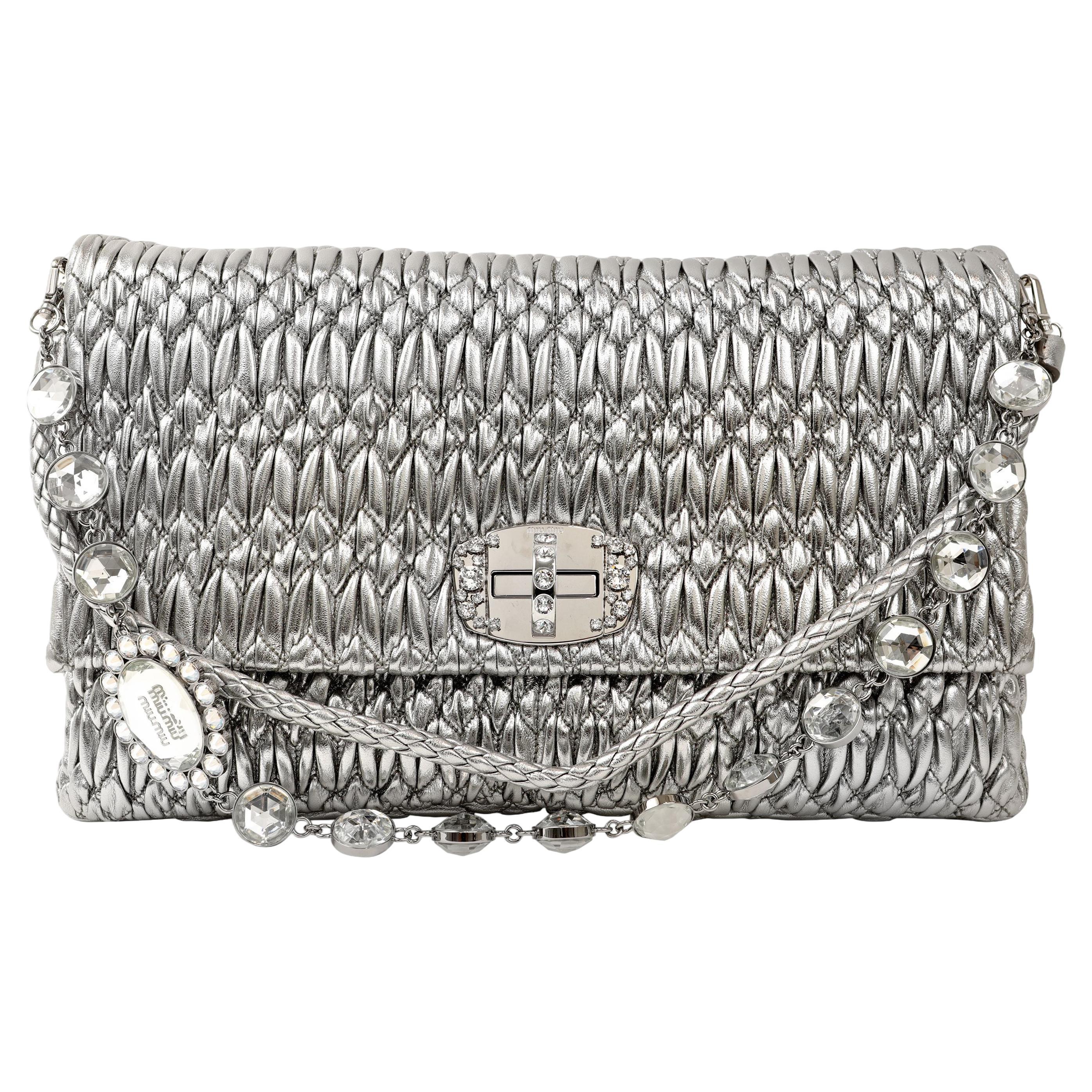  Miu Miu Metallic Silver Iconic Crystal Cloquè Large Bag For Sale