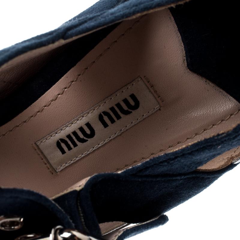 Miu Miu Metallic Silver Leather And Blue  Mary Jane Peep Toe Pumps Size 38.5 1