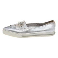Miu Miu Metallic Silver Leather Embellished Pointed Toe Slip On Sneakers Size 40