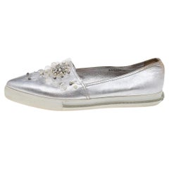 Miu Miu Metallic Silver Leather Embellished Pointed Toe Slip On Sneakers Size 40