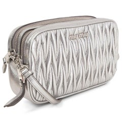 MIU MIU metallic silver leather MATELASSE DOUBLE ZIP CAMERA Crossbody Bag