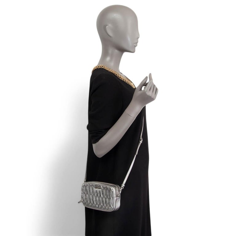 MIU MIU metallic silver leather MATELASSE DOUBLE ZIP CAMERA Crossbody Bag