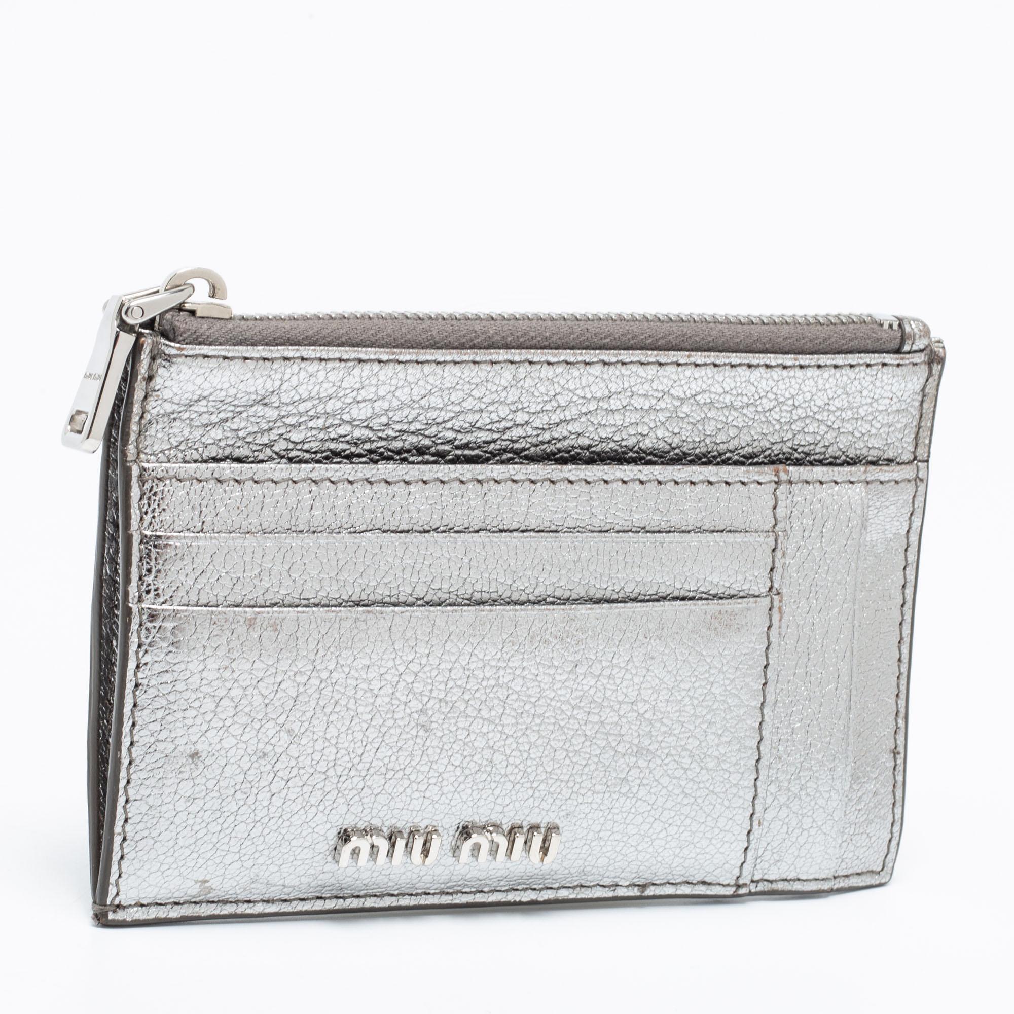 Miu Miu Metallic Silver Leather Zip Card Holder at 1stDibs | miu