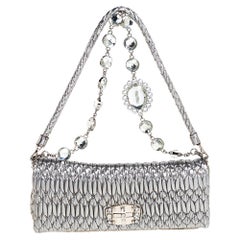 Miu Miu Metallic Silver Matelasse Leather Crystal Shoulder Bag