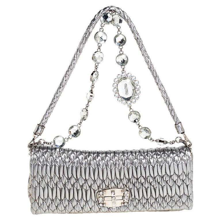 Miu Miu Metallic Silver Matelasse Leather Crystal Shoulder Bag at 1stDibs