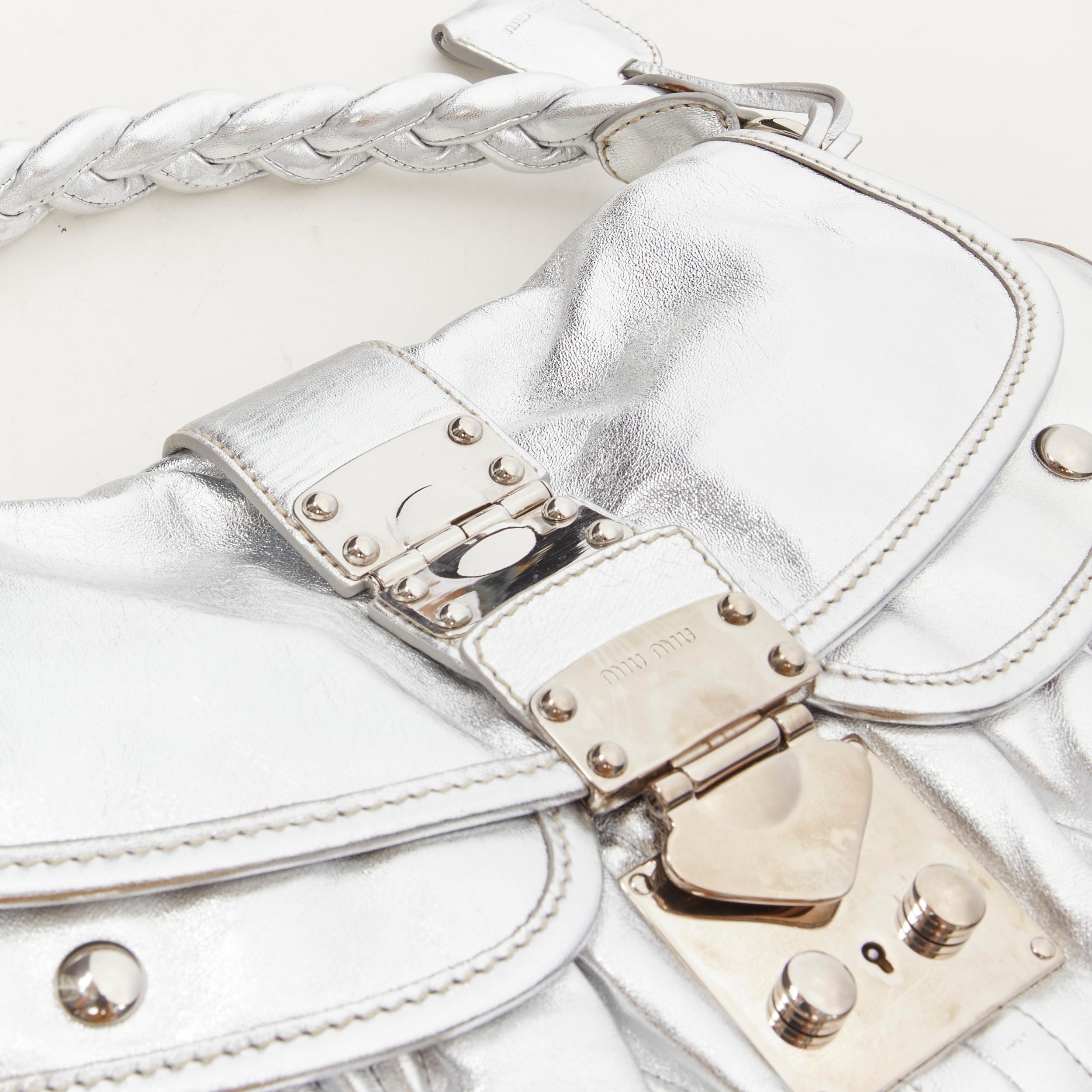 MIU MIU metallic silver Matelasse pleated push lock flap braided handle bag 2