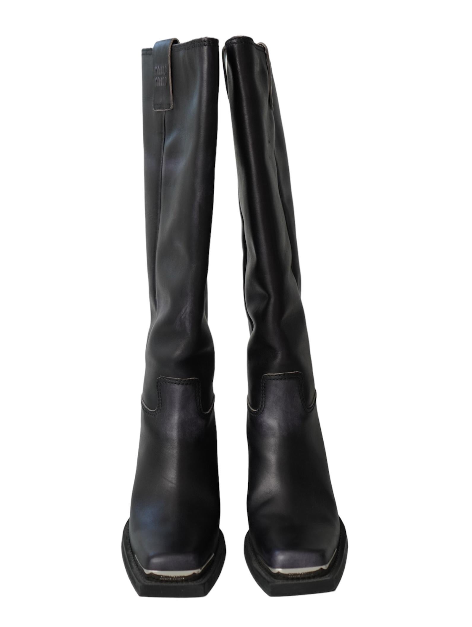 Women's Miu Miu Metallic Toe Black Leather Boots For Sale