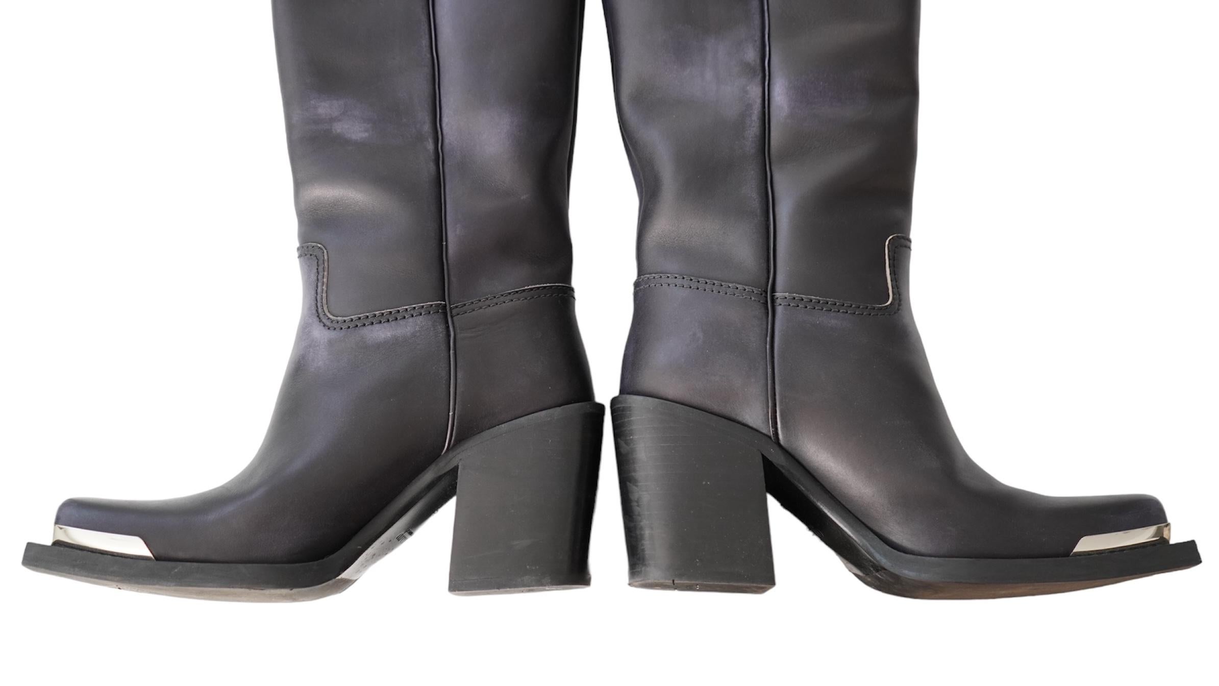 Miu Miu Metallic Toe Black Leather Boots For Sale 2
