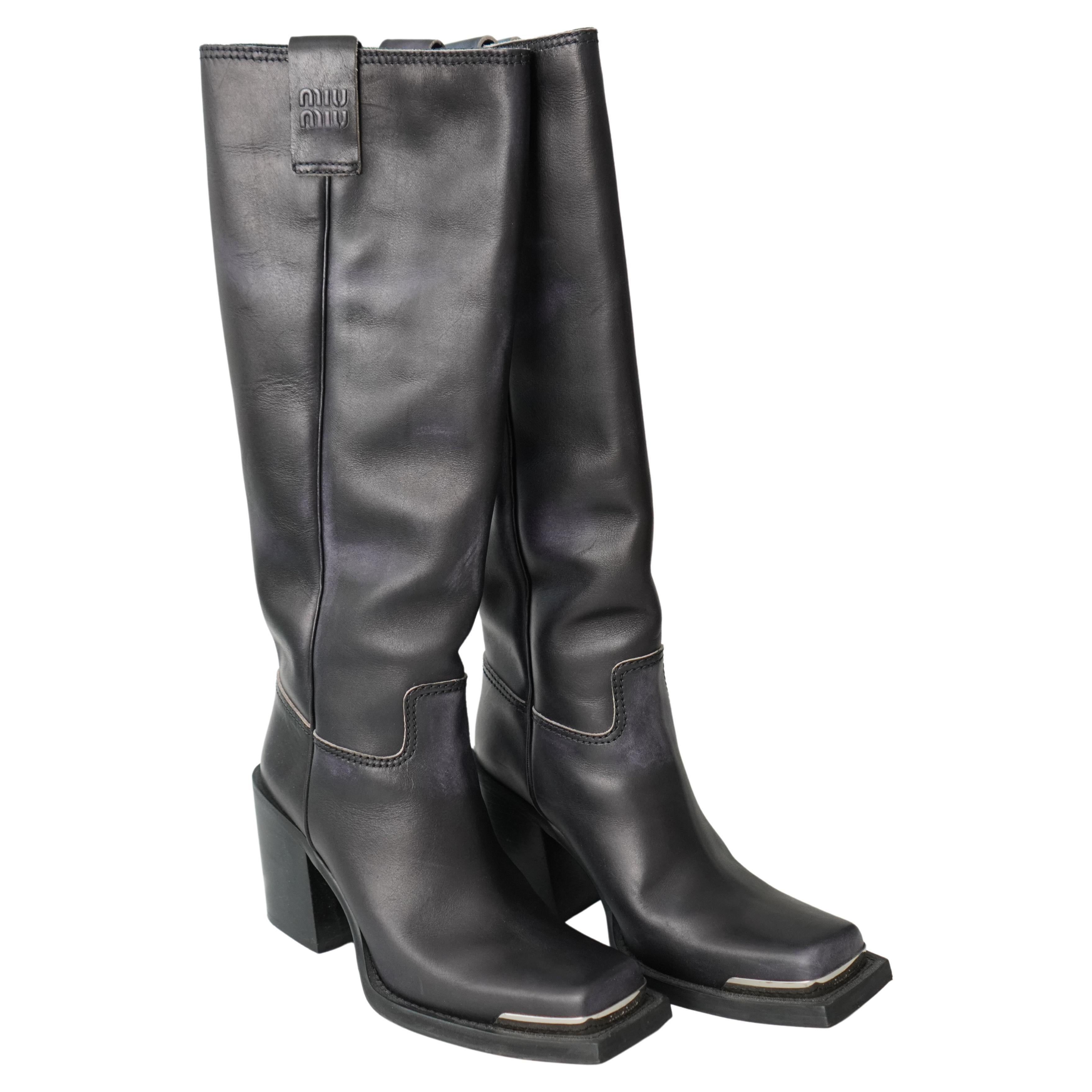 Miu Miu Metallic Toe Black Leather Boots For Sale