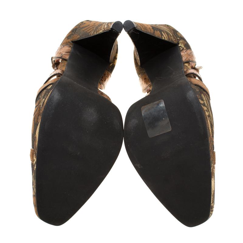 Miu Miu Metalllic Brown Brocade Leather Ankle Strap Platform Sandals Size 39 For Sale 1
