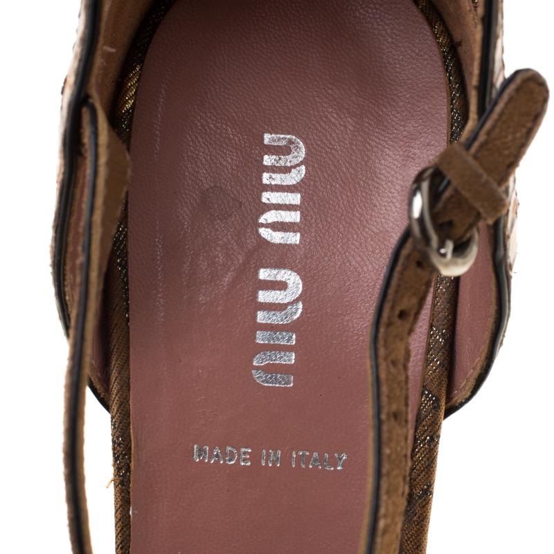 Miu Miu Metalllic Brown Brocade Leather Ankle Strap Platform Sandals Size 39 For Sale 3
