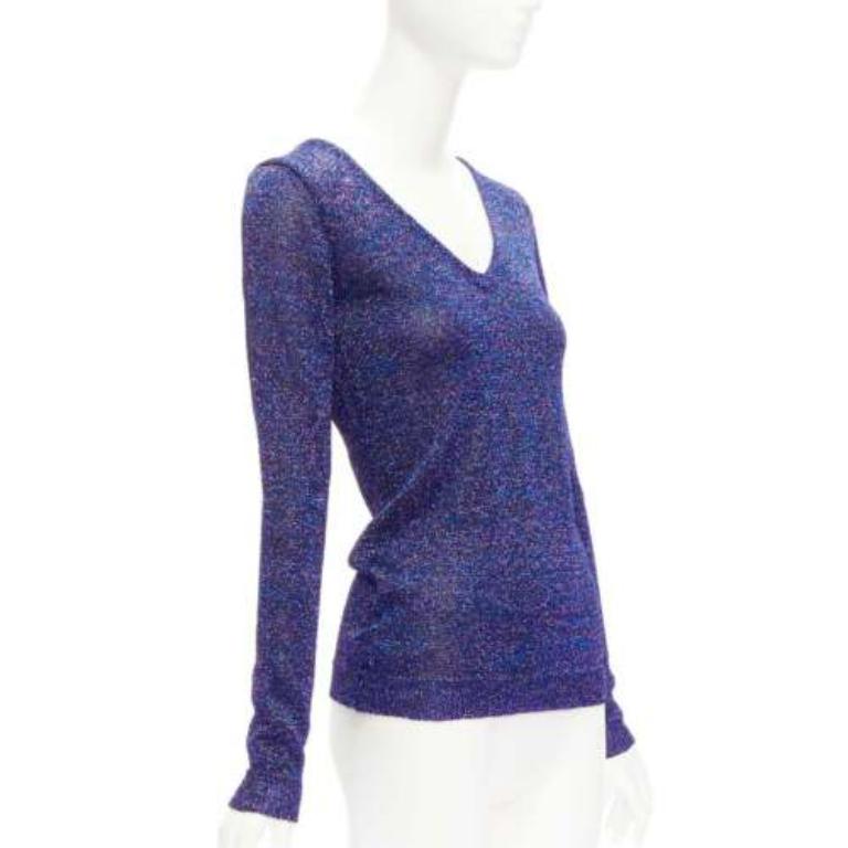 Violet Pull col V en lurex bleu nuit et violet pailleté MIU  IT40 S en vente
