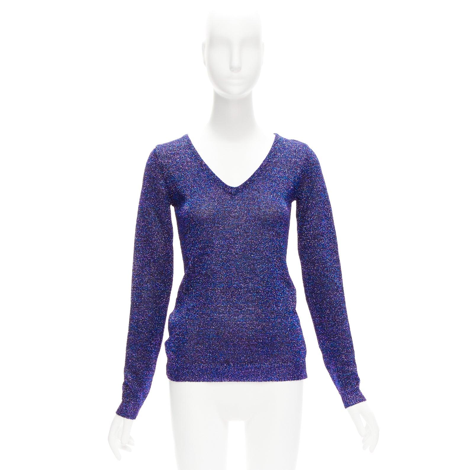 MIU MIU midnight blue purple glitter lurex V-neck sweater IT40 S For Sale 4